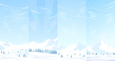 Wall Mural - Collection of winter landscapes with snowy mountains and hills. Frosty winter day. Design for tourist advertising banners, greeting cards. Vector image.