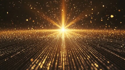 Laser beam diffraction creates brilliant golden light interference pattern radiating from central source with thousands of luminous particles scattered