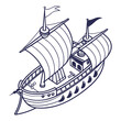 ©  AMINA 1122 - Stylized isometric line art illustration of a classic sailing ship with full sails and flags