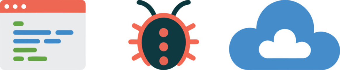 Software development concept bug cloud coding icons digital technology tools