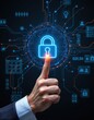 © wpw - a businessman pointing to a shining lock symbol, representing password protection, cyber security, privacy technology, dark gradient background, clean modern composition, focused light