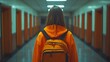 © elisa - Young person with backpack walking down a long hallway with orange doors, back to camera