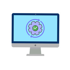 computer monitor with gear and check mark icon. Concept of system update, software installation, computer maintenance, process completed, settings, IT, and technology support.