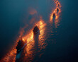 © ภูริพัฒน์ ภิรมย์กิจ - Dramatic aerial view of a convoy of ships illuminated by fire and smoke reflecting on the dark water at dusk