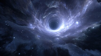 A digitally crafted image presents a celestial view, depicting a swirling vortex of cosmic dust, nebulae, and distant stars, converging toward a central black hole, conveying a sense of deep space...