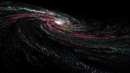 A vibrant, detailed illustration presents a swirling galaxy with a core of bright luminescence, radiating outward with streaks of pink, teal, and gold, set against a deep black backdrop.