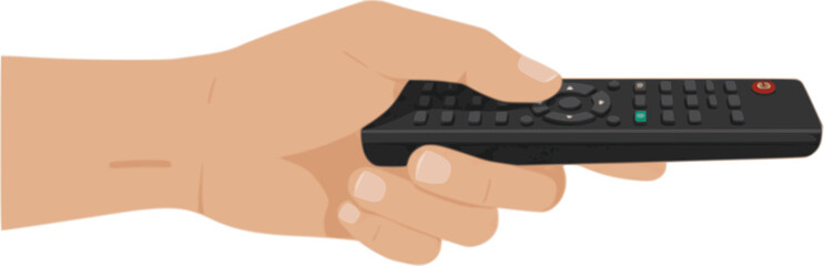 vector hand holding a remote control isolated on white background. human hand with tv remote control switching tv, flat design
