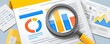 © Tin - Business data analysis with magnifying glass concept. Analyzing financial data through charts and graphs.