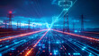 © ezra - Energy Highway: A vivid futuristic depiction of a modern energy grid, electric lines, and towers, with digital light trails illuminating the landscape, symbolizes the seamless flow of power.