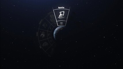 Wall Mural - Aquarius zodiac sign revealed on glowing horoscope wheel with shining stars background perfect for astrology apps and daily horoscope videos