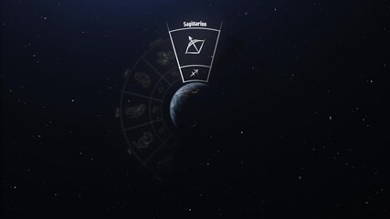 Wall Mural - Sagittarius zodiac sign revealed on glowing horoscope wheel with shining stars background perfect for astrology apps and daily horoscope videos