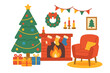 © Jane - Christmas room interior set. Cozy Scandinavian flat style illustration with fireplace, tree, gifts, and armchair. Hygge winter holiday home decoration vector collection.