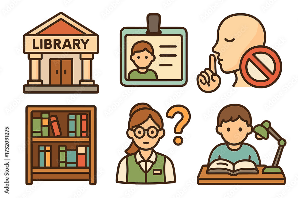 Library icon set with building, ID card, bookshelf, and quiet zone sign ...
