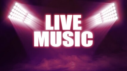 Wall Mural - Animated sports graphic with 'Live Music' text, with bright banks of floodlights shining dramatic volumetric light over a misty, atmospheric scene, in deep red color palette