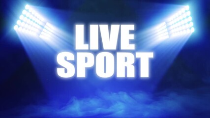 Wall Mural - Animated sports graphic with 'Live Sport' text, with bright banks of floodlights shining dramatic volumetric light over a misty, atmospheric scene, in deep blue color palette