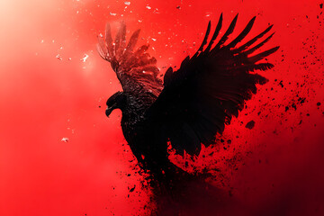 Wall Mural - Black Phoenix Rising with Fiery Particles on Red