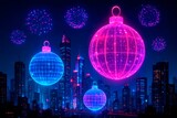Neon Grid Ornaments Over Cyber City. Abstract pop art rendering of massive glowing neon Christmas ornaments and fireworks floating over a dark, futuristic cityscape with vibrant blue and pink tones.