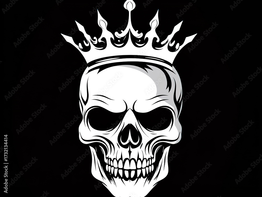 Flat vector illustration of white skull with crown on black background ...
