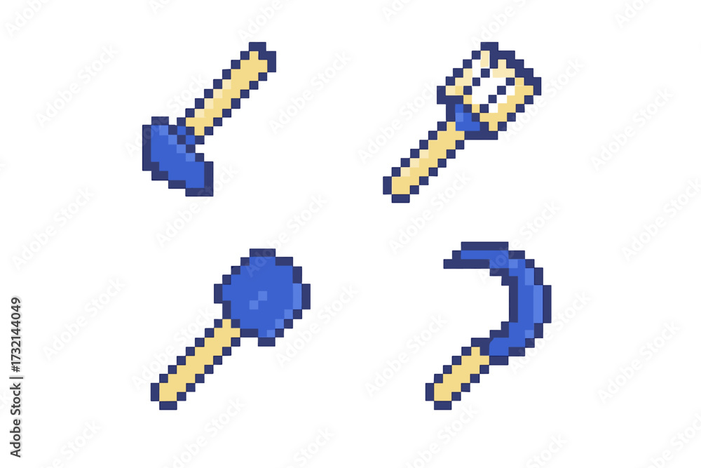 Pixelated Rake Vector de Stock Detailed pixel art farming tools set including shovel ...