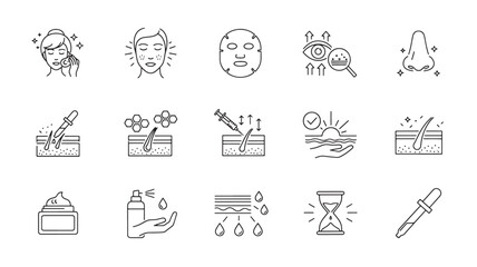 Set of skincare treatment icons thin line vector illustration for beauty and cosmetic procedures isolated on white background