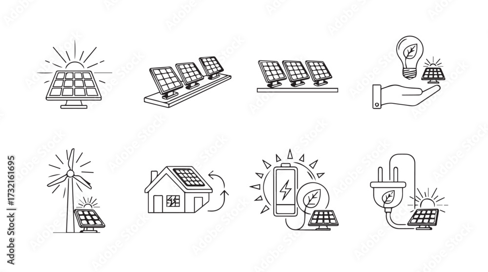 Collection of hand drawn solar energy icons powering homes and ideas ...