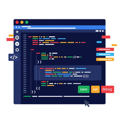Concept of computer programming or developing software or game. Vector flat illustration with coding, Java, HTML, symbols and programming windows. Information technologies and computer engineering.