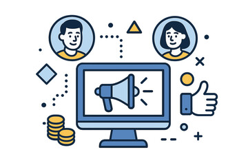 Referral program and affiliate marketing concept. Invite friends to an online business to earn prizes and money. Vector flat icon illustration of people network and promotion.