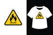 © bibin - Graphic design of yellow fire hazard symbol shown on triangle sign and printed on white t-shirt. Bold contrast on black background, modern and caution-themed.