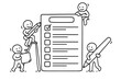 © Umy - Teamwork business concept. Happy little characters working as a team filling the to do list. Doodle illustration about efficiency, project management, collaboration, and goals.