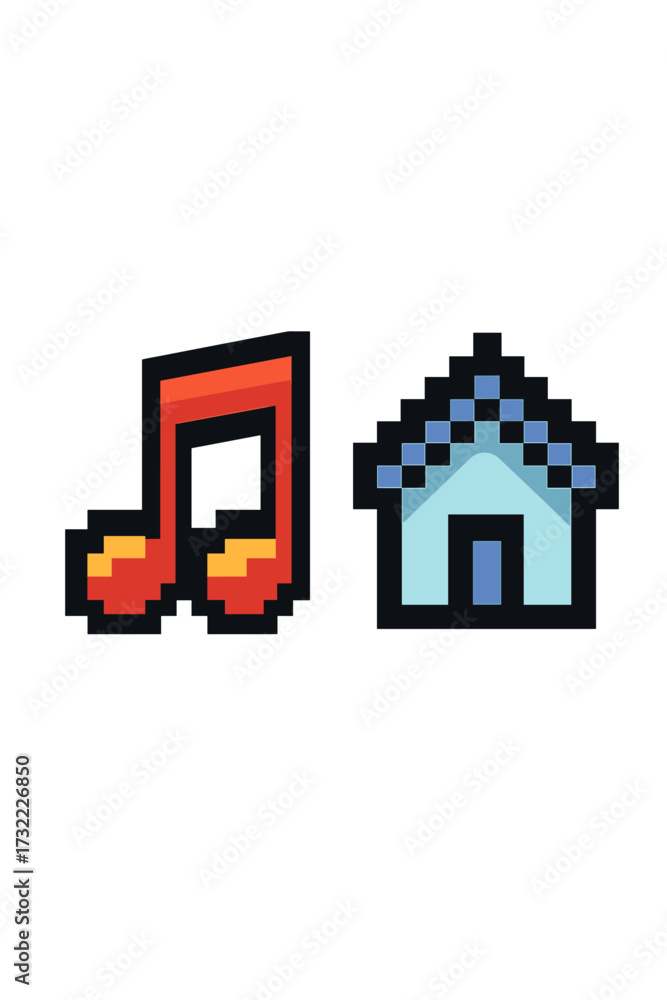 Pixel art icon set. 8 bit music note and house symbol collection. Retro ...
