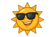 © Sahra - Cool sun mascot with sunglasses. Happy summer character smiling. Vector for vacation, travel, and sunny weather. Sunshine icon, bright face, positive emoji concept. Fun holiday.