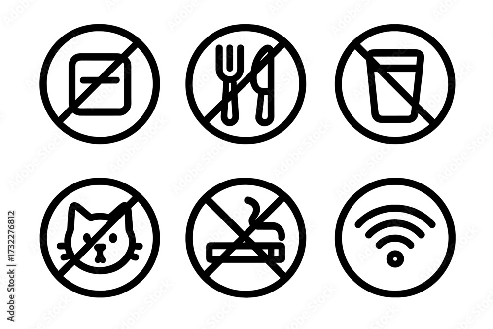 Forbidden icons set. Vector line art of public place rules. No smoking ...