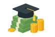 © Arnette - Graduation cap on money pile. Concept of education costs, student loan debt, and tuition fees. Investment in higher learning. Scholarship savings for college or university.