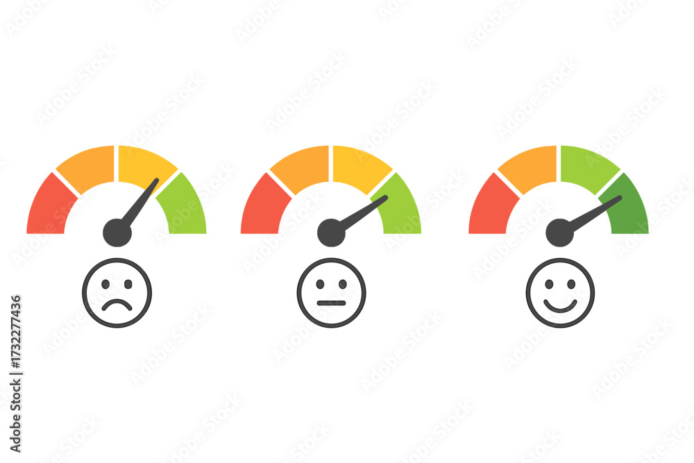Customer satisfaction rating meter. Speedometer feedback scale. Emoji ...