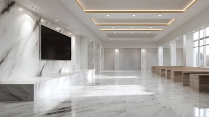 Wall Mural - A modern spacious hall interior featuring elegant marble finishes integrated technology and abundant natural light