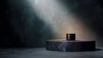 Wall Mural - Luxurious black cosmetic jar placed on a dark stone podium dramatically lit in a moody studio setting