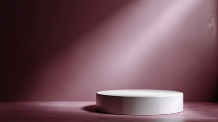 Wall Mural - A minimalist white cylinder podium illuminated by a dramatic spotlight against a deep mauve background