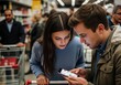 © Alze31 - Young couple looking at smartphone in grocery store aisle, comparing prices and reading product information, creating a modern shopping experience.