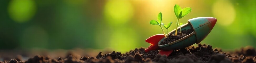 Wall Mural - A vibrant array of seedlings bursting forth from a rocket-shaped planter, symbolizing the exciting beginning of a new garden Perfect for spring, growth, and new beginnings imagery , thriving, fresh
