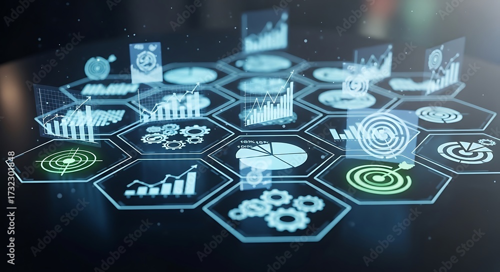 Hexagonal data visualization with financial charts and gears for ...