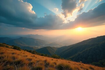 Wall Mural - epic panoramic vista of a vast, rolling landscape under a dramatic sky perfect for travel, adventure