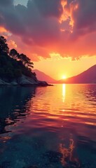 Wall Mural - serene bay at sunset, calm waters reflecting the vibrant sky golden hour light bathes the picturesqu