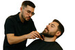 © Pixels Hunter - Barber trimming a client's beard using electric clipper, realistic style, isolated on white background. Concept of grooming and personal care. Ai generative