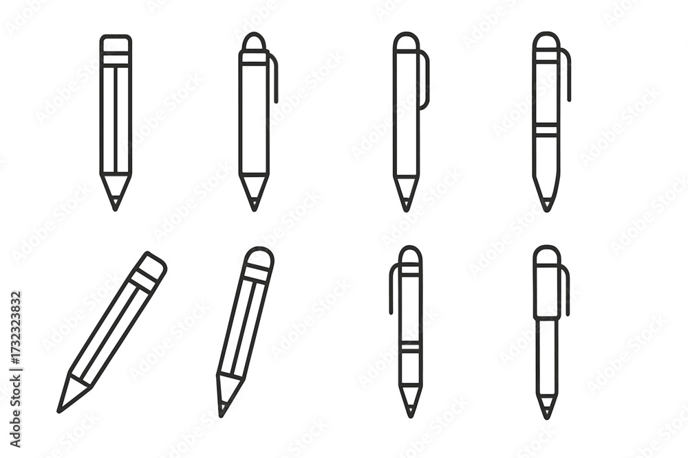 Simple pen and pencil line icons collection, editable stroke vector set ...