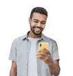 © kite_rin - Young handsome man with smartphone isolated transparent PNG. Smiling student men looking at mobile phone isolated portrait. Modern lifestyle, connection, summer concept