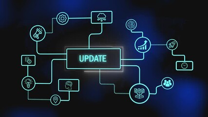 Wall Mural - Neon digital update. Abstract digital design with the word update and futuristic connection. Update animation with digital futuristic neon glow and abstract network connection visualization.