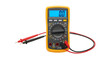 © MD ANOWAR HOSSAIN - Yellow digital multimeter with red and black probes displaying zero volts isolated on white background