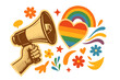 © Minh - Retro Pride Month vector collage with hand holding megaphone. Concept for LGBTQ rights, love, and celebration. Rainbow heart and paper cut-out elements for a creative banner design.