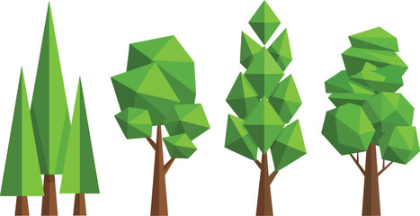 Trees. Low poly green trees editable vector illustration icon set