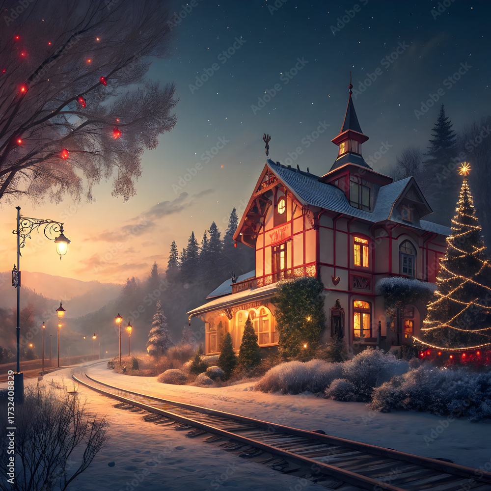 Snowy Christmas village scene with train tracks and decorated tree at ...